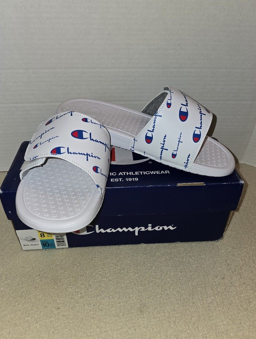 NIB Champion White Logo Repeat Slide Sandals size M8/W10